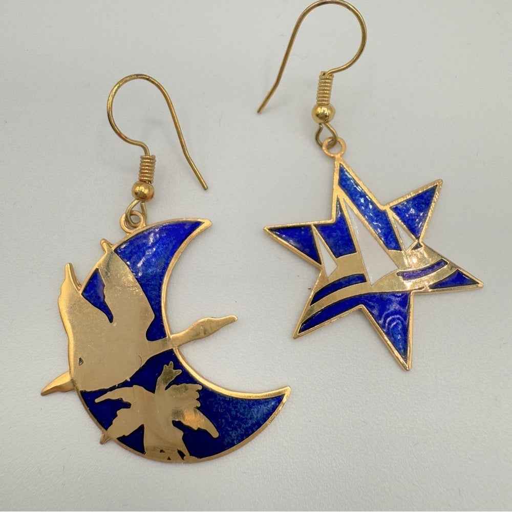 Vintage Cloisonne Blue and Gold Star and Moon Earrings