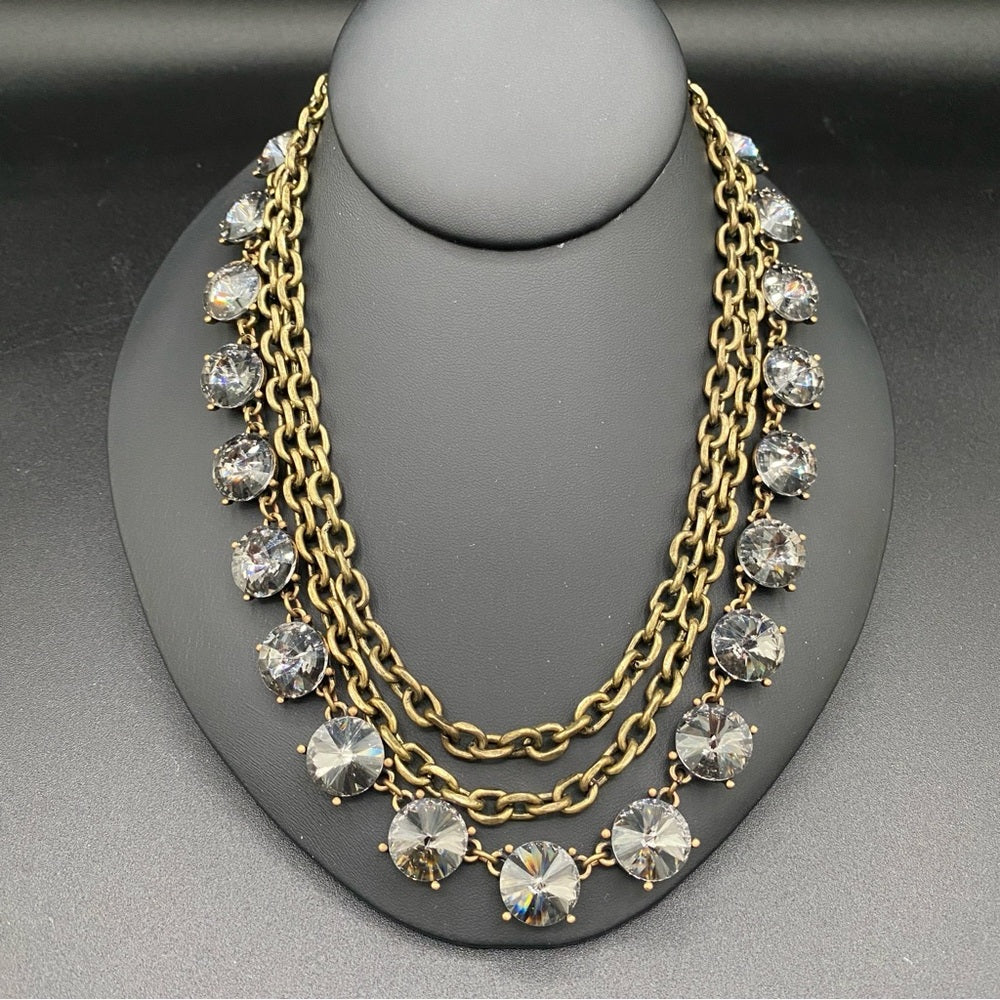 Unique Smoky Grey Glass Rhinestone 3 Chain Statement Necklace