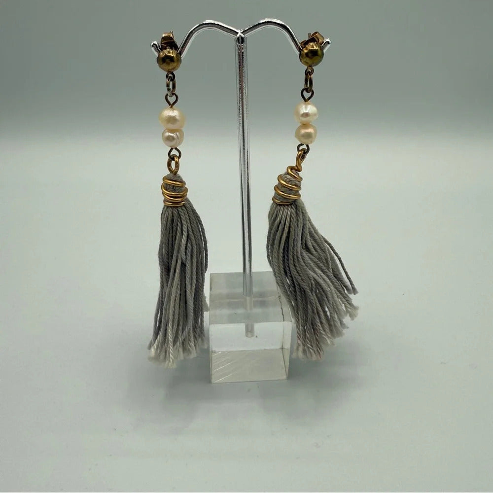 Genuine Pearl Grey Tassel Earrings