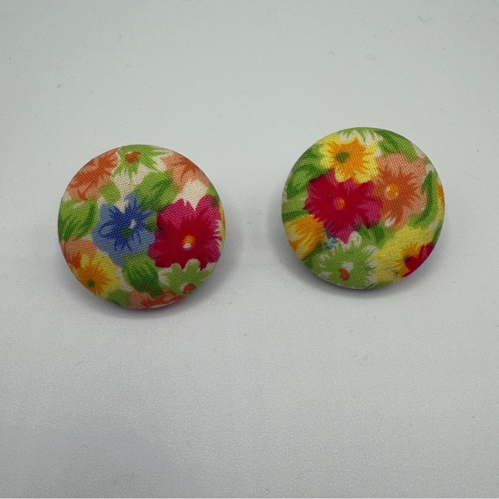 Floral Button Earrings - Clip On