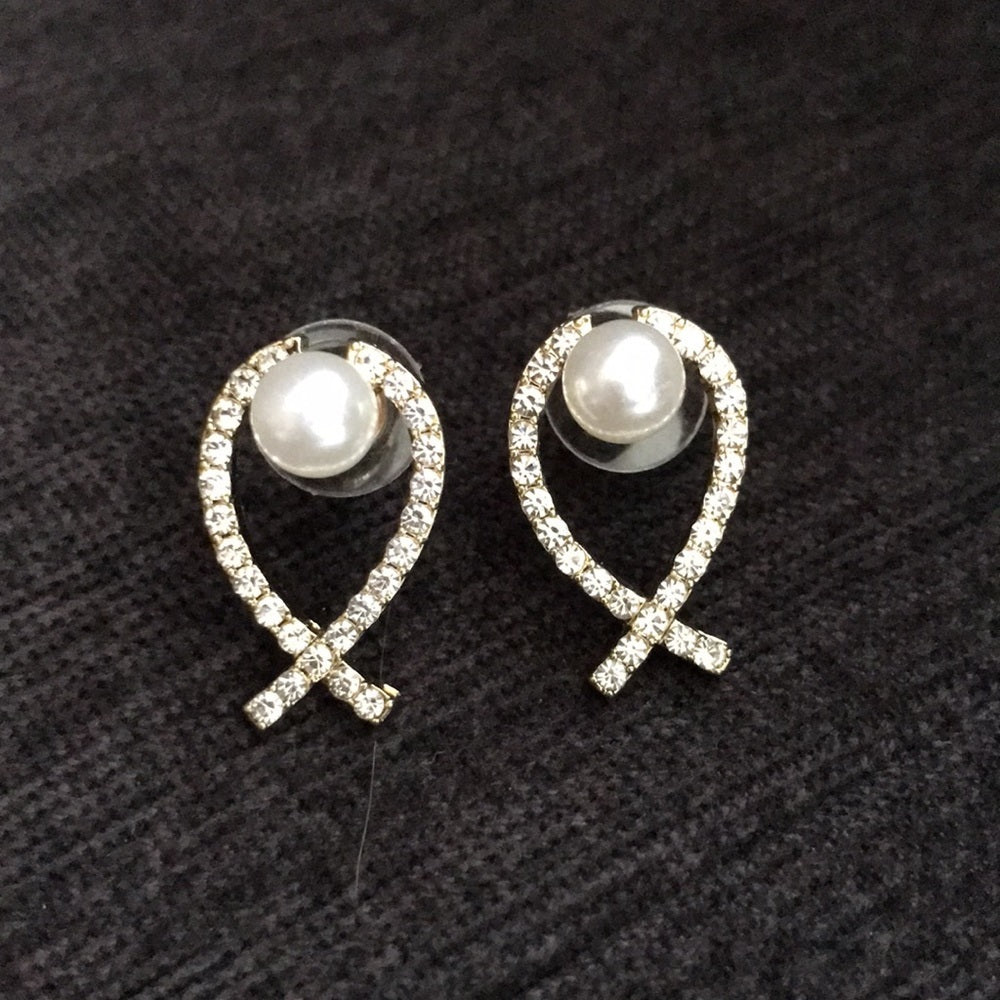 Faux Pearl and Rhinestone Encrusted Bow Earrings Pierced