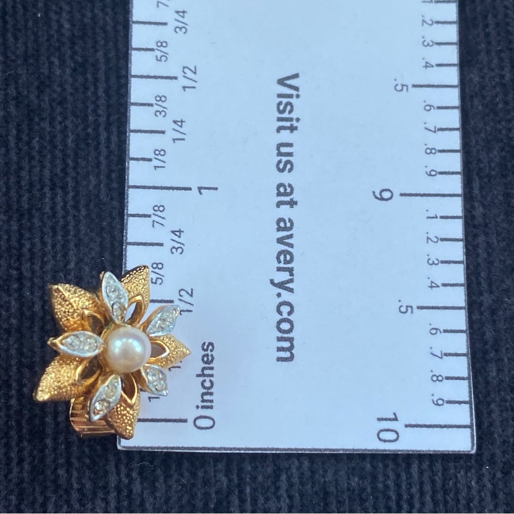 Vintage Flower Earrings in Brushed Gold Tone, Sparkly CZ and Faux Pearl Clip On