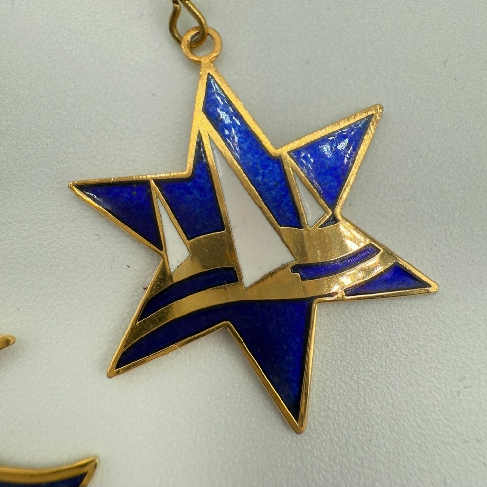 Vintage Cloisonné Bird & Landscape Earrings — Royal Blue & Gold