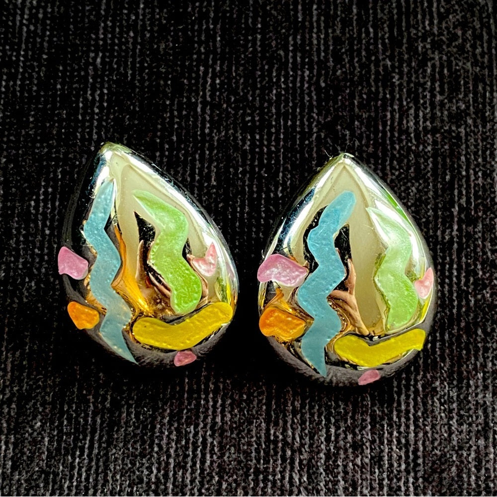 80s Tear drop Silver Tone Fun Pastel Geometric Shape Pierced Earrings