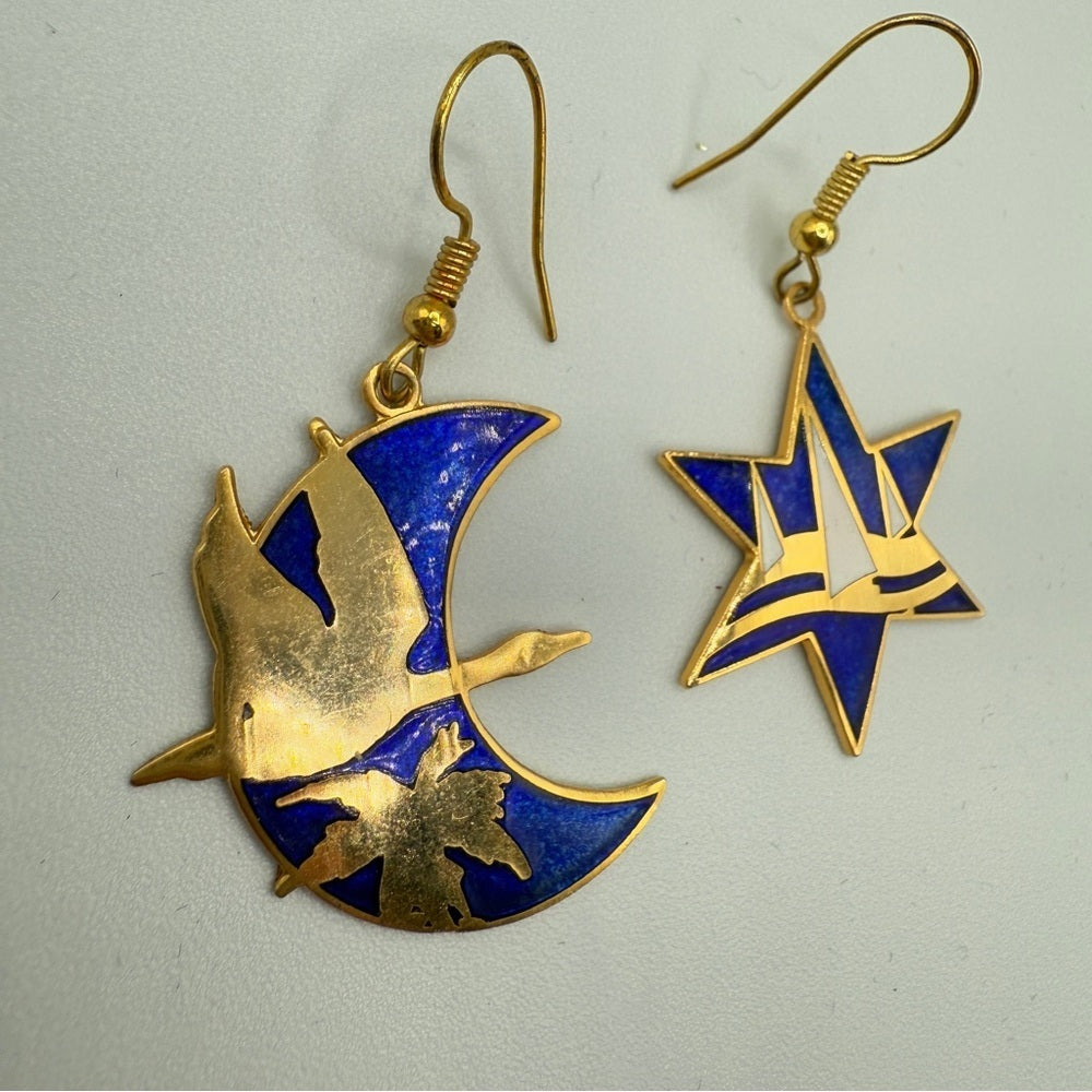 Vintage Cloisonné Bird & Landscape Earrings — Royal Blue & Gold