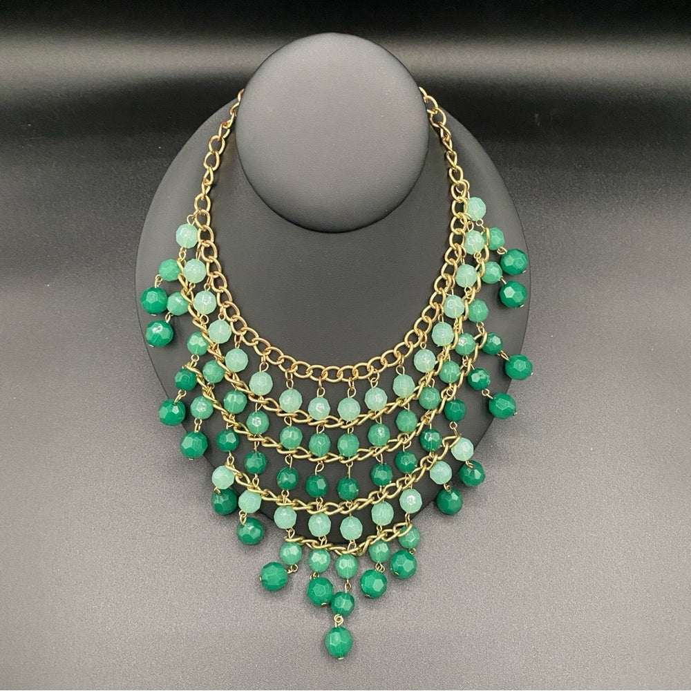 Ombre Green Beaded Fringe Necklace and Pretty Gold Tone Chunky Chain