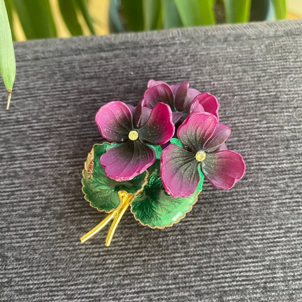 Vintage Violet Floral Brooch with Cloisonne Enamel