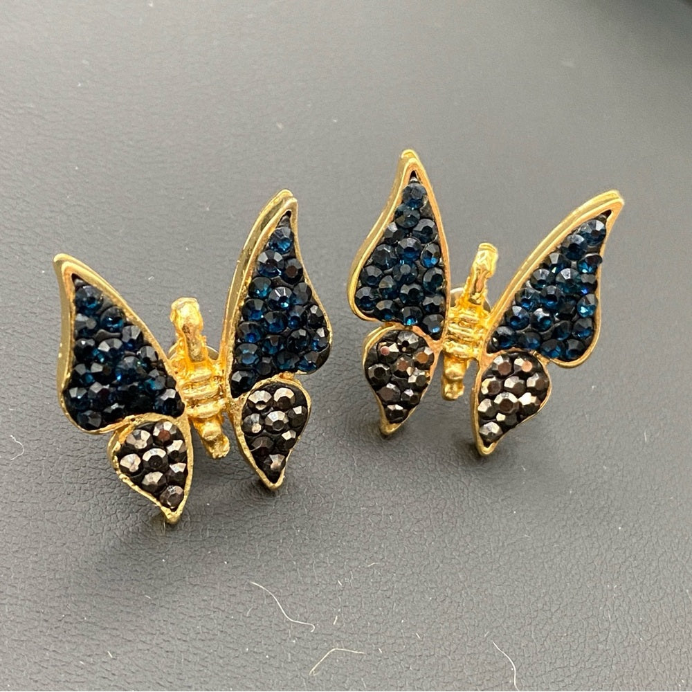 Pave Black and Gunmetal Grey Butterfly Pierced Gold Earrings