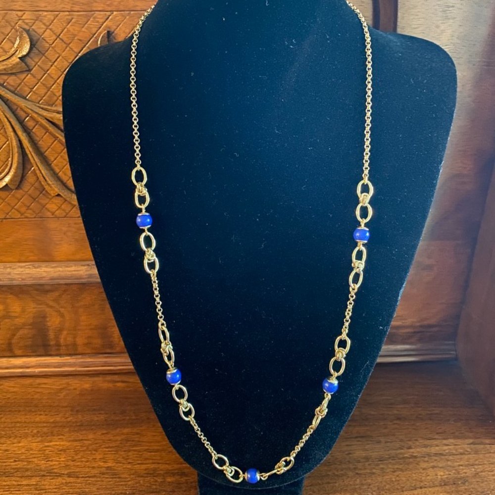 Banana Republic Gold Tone Cable Chain with Blue Accent Beads - Nautical Necklace