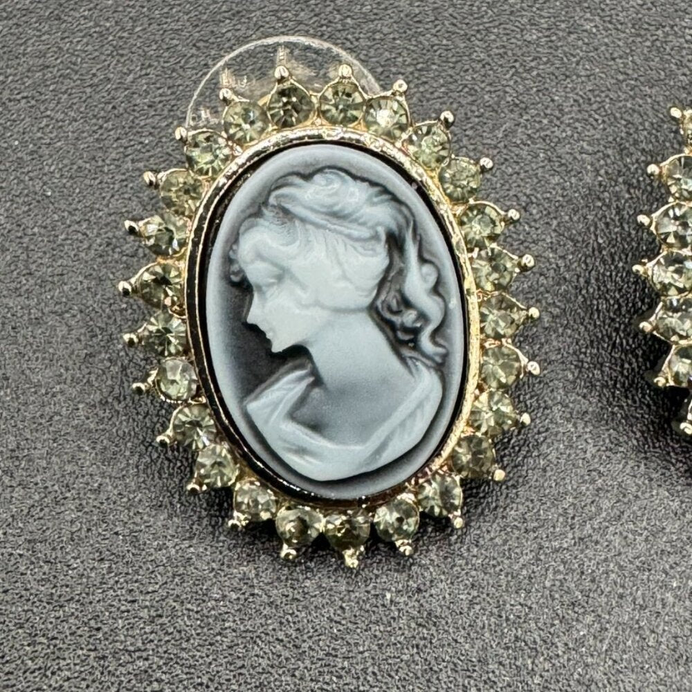 Smokey Rhinestone and Black White Cameo Pierced Earrings