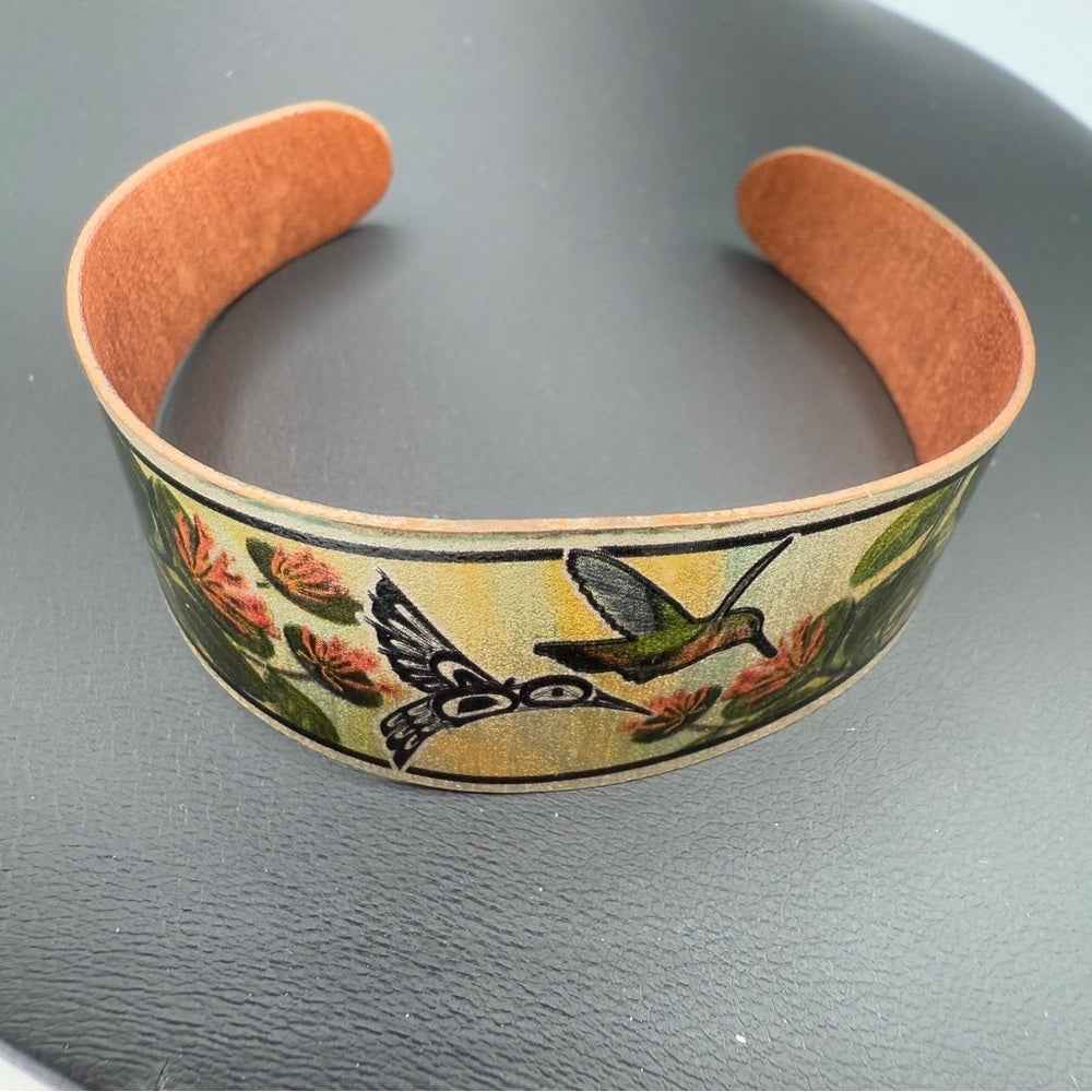 Sue Coleman Artisan Copper Cuff Bracelet with Hummingbird Floral Design Vintage