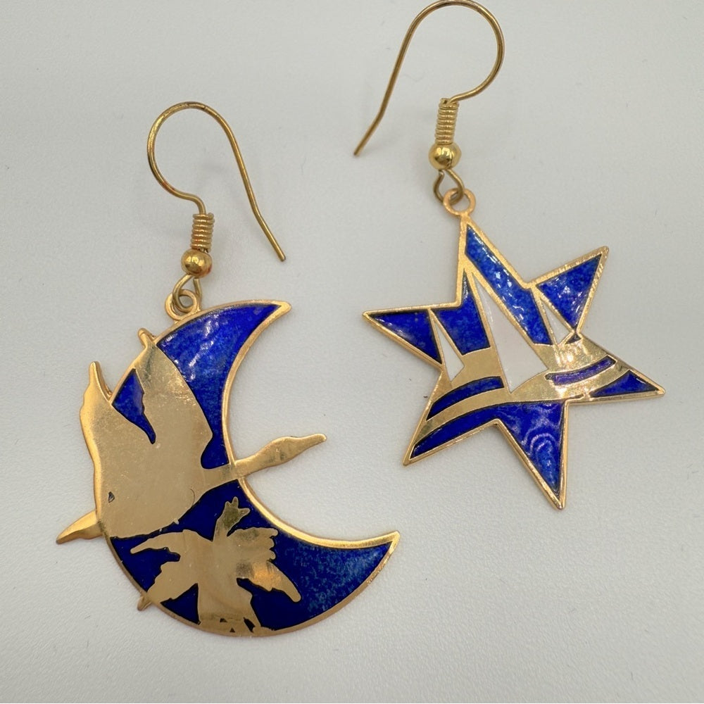 Vintage Cloisonné Bird & Landscape Earrings — Royal Blue & Gold