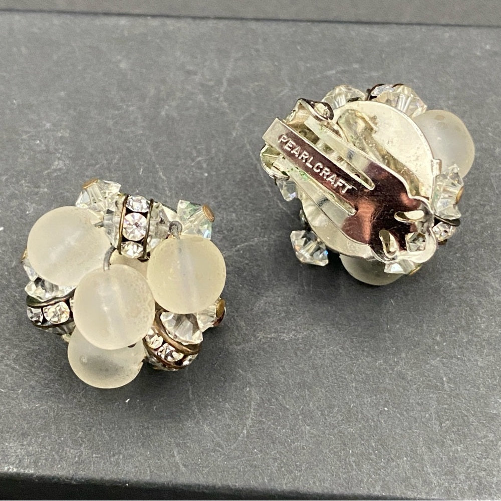 Vintage Pearlcraft Signed Silver Tone and Frosted white Cluster Clip On Earrings