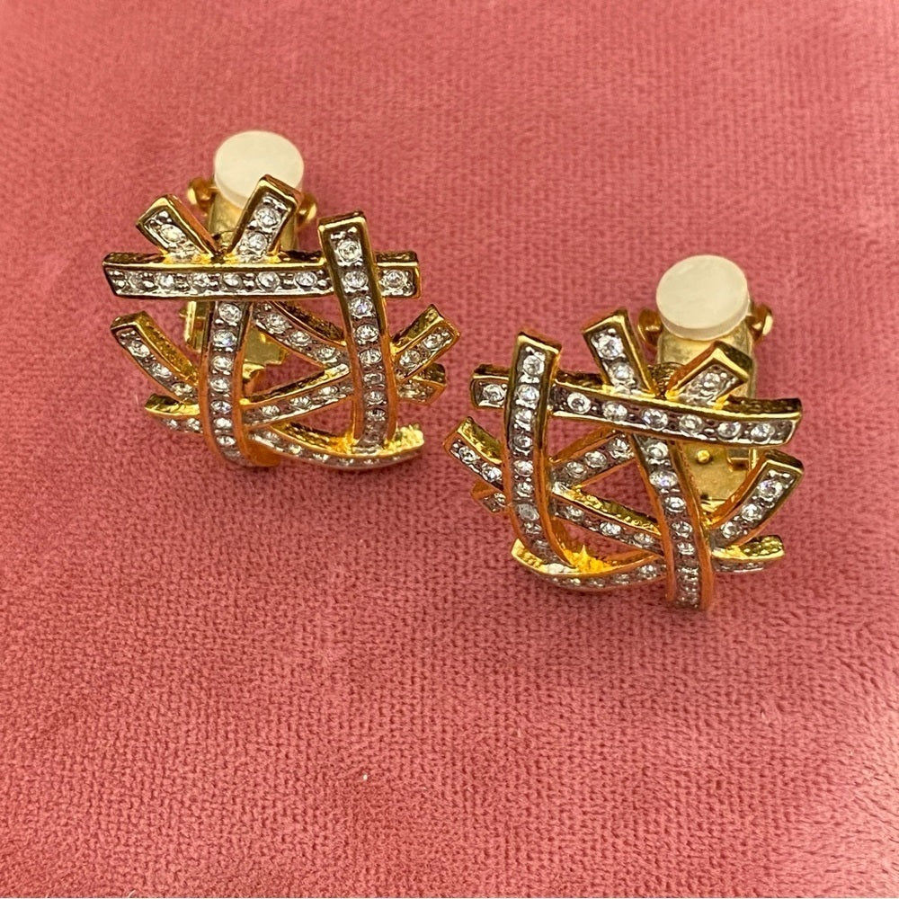 Vintage Signed Butler Abstract Rhinestone Studded Bird Nest Earrings clip on
