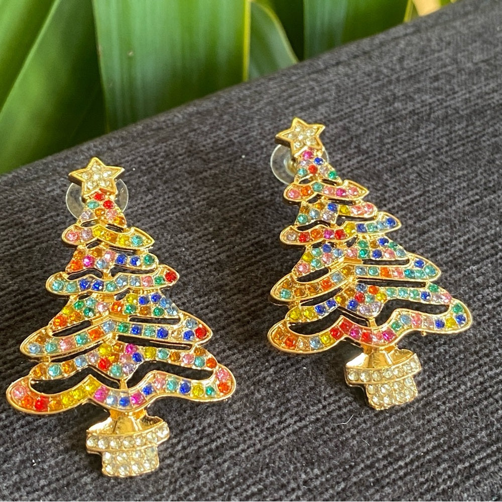 Glittery Crystal Studded Christmas Tree Earrings Pierced