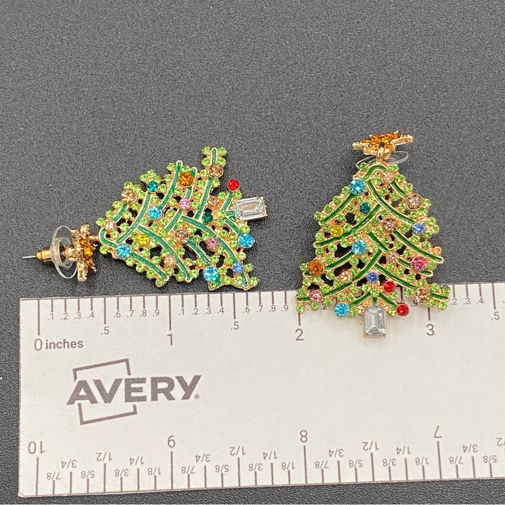 Sparkly Green Rhinestone Studded Christmas Tree Earrings