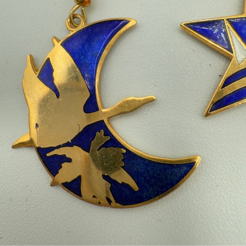 Vintage Cloisonné Bird & Landscape Earrings — Royal Blue & Gold
