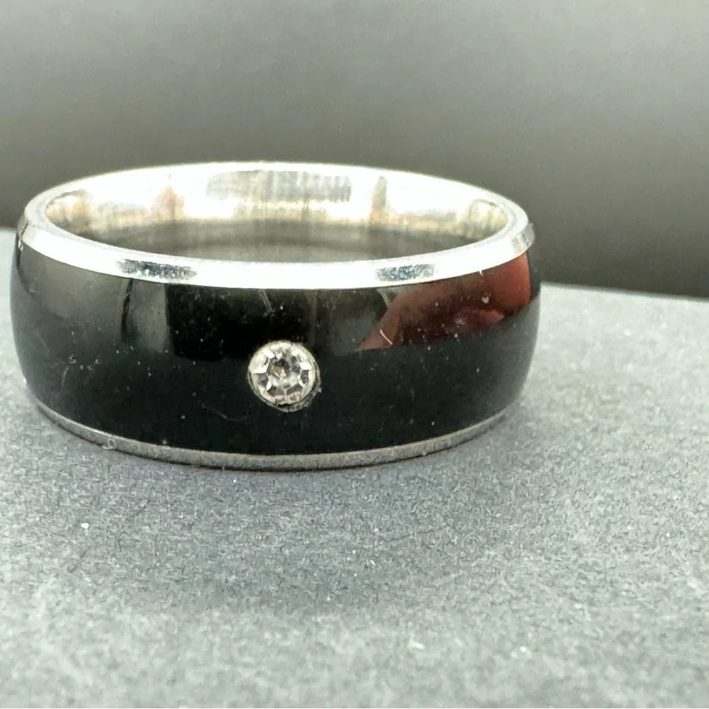 Black and Stainless Steel Men’s Rhinestone Ring Size 10