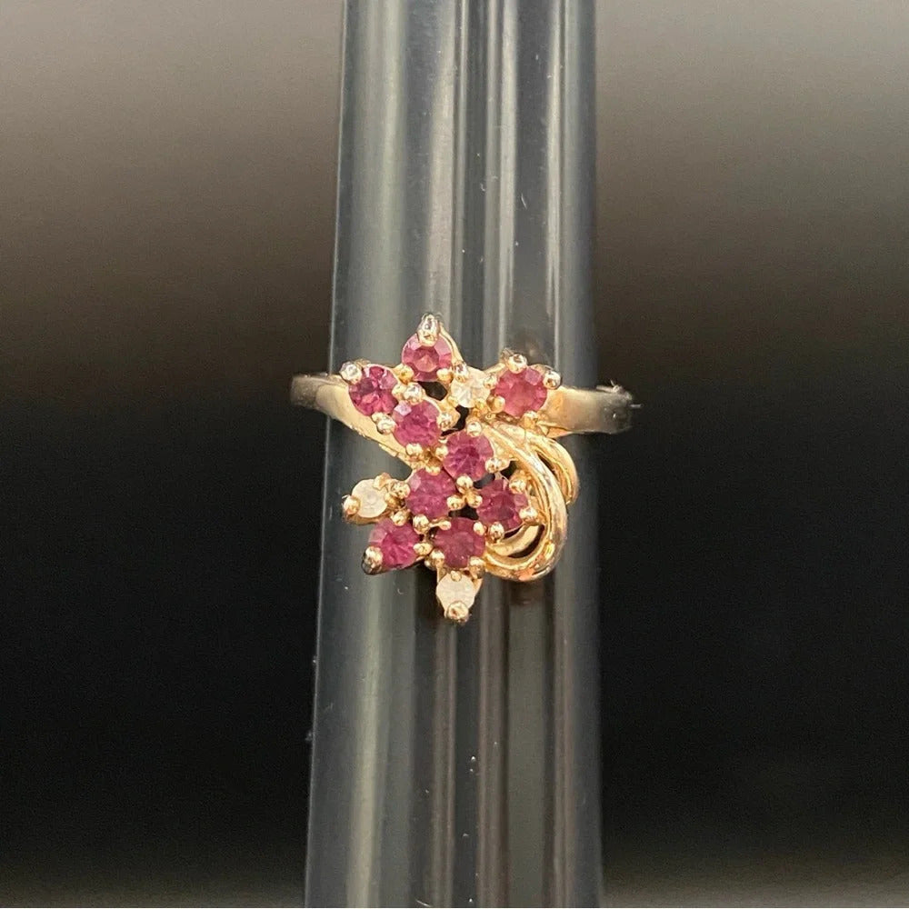 Gold 14KT GE Amethyst Rhinestone Floral Cluster Ring Size 4.75