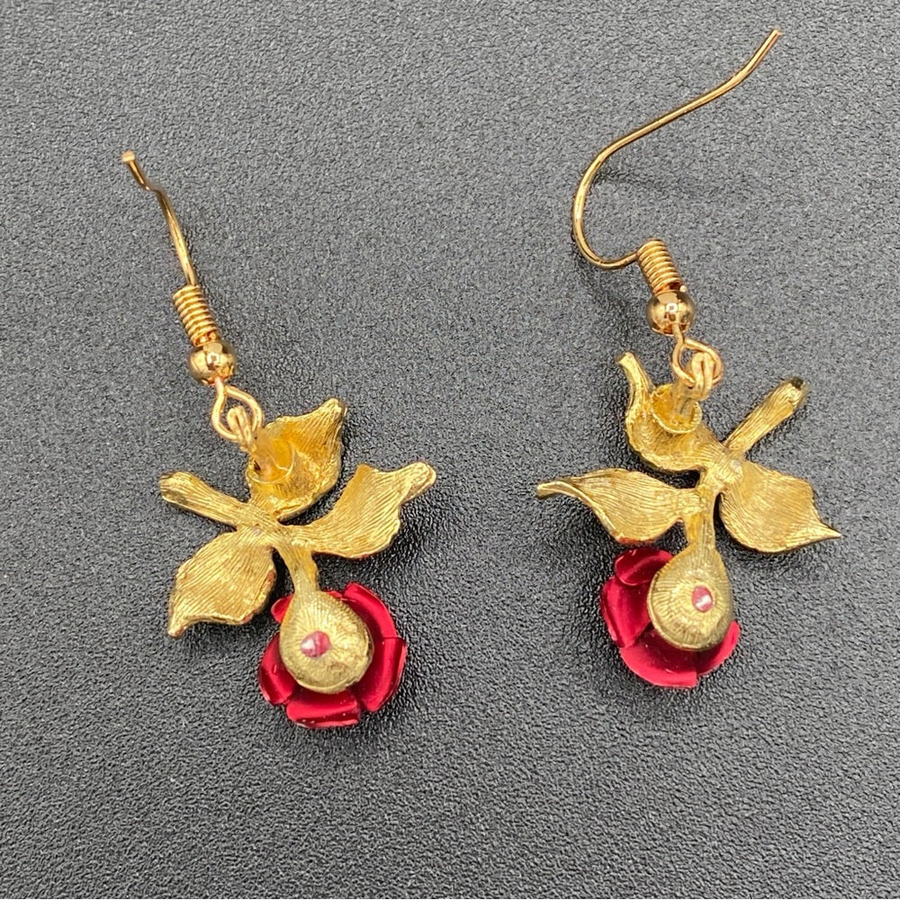 Vintage Red Rose Gold Tone Hook Earrings