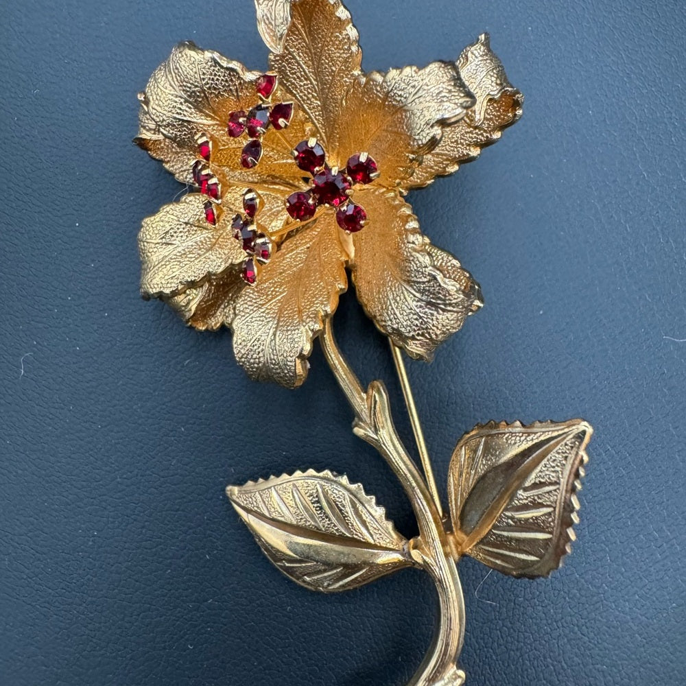 Trembler Flower Brooch with Red Rhinestone Pistil Centre