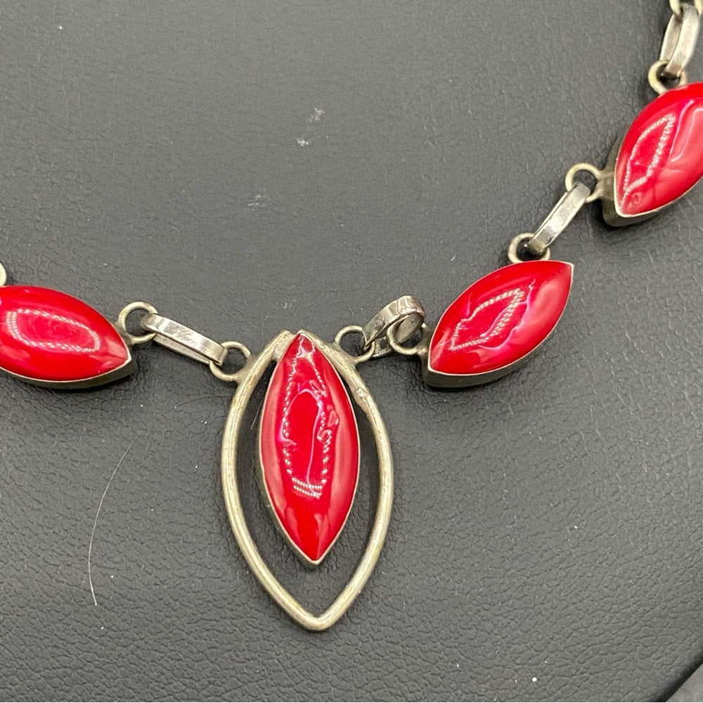 Vintage Art Deco Reversible Red and Black Teardrop Necklace and Bracelet Set