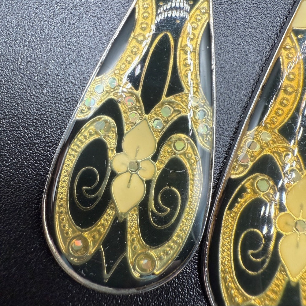 Vintage Gold Cloisonné Art Deco Resin Teardrop Dangle Earrings