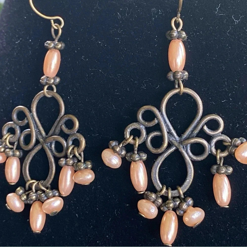 Peach Colored Ornate Antiqued Chandelier Looking Dangle Earrings