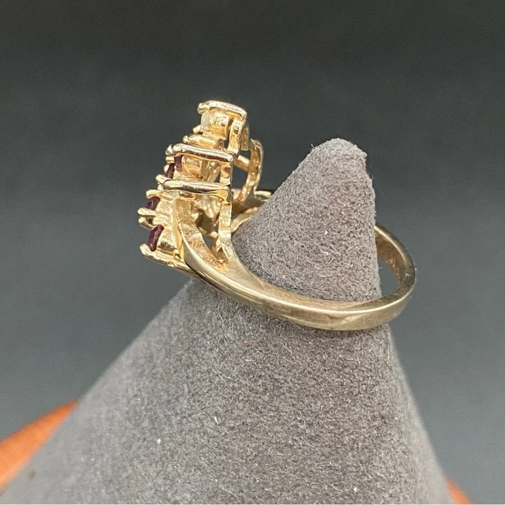 Gold 14KT GE Amethyst Rhinestone Floral Cluster Ring Size 4.75