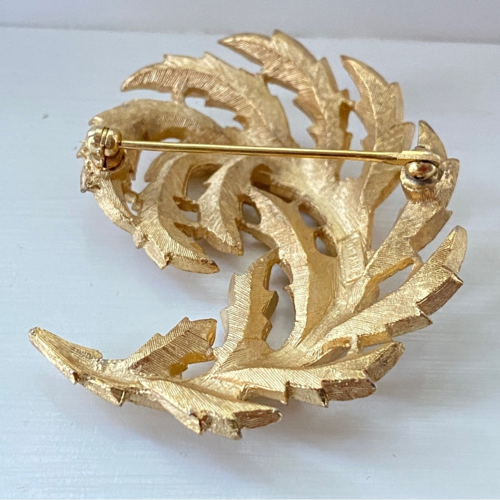 Vintage Crown Trifari Curved Leaf Brooch in Brushed Gold Tone