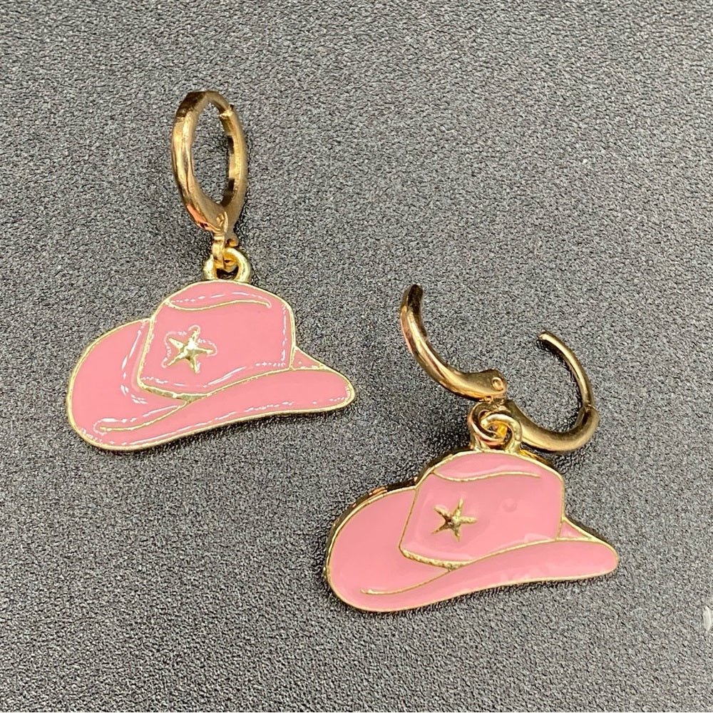 Pink Cowgirl Rodeo Hat Huggie Earrings - Pierced