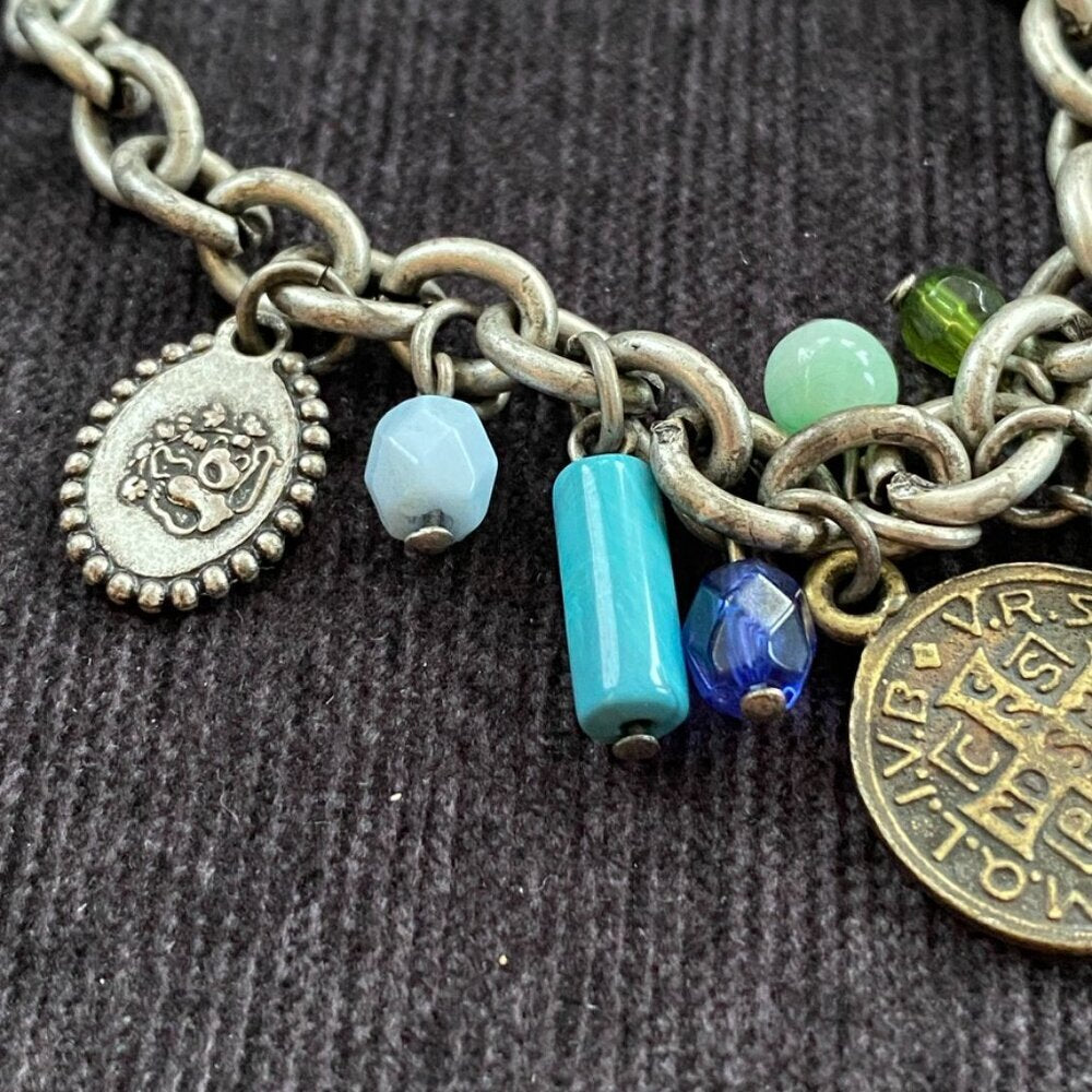 Charm Bracelet with British Empire Coins and Art Glass Murano Beads