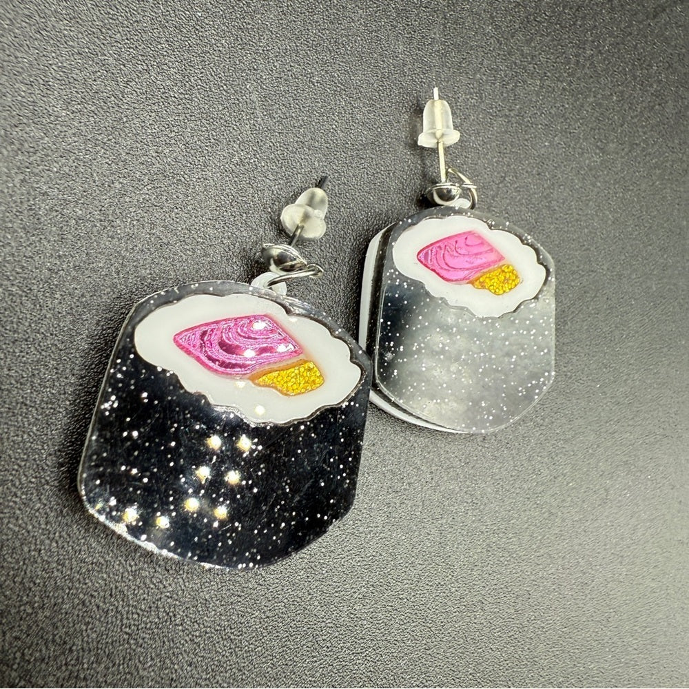 Glittery Sushi Roll Stud Earrings — Acrylic Foodie Jewelry