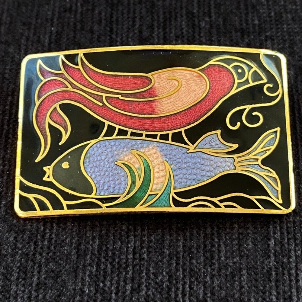 Cloisonne Pin with Bird and Fish Motif on a Gold Tone Setting