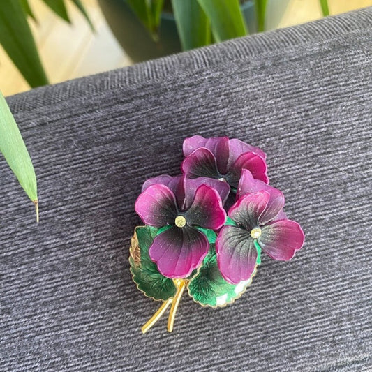 Vintage Violet Floral Brooch with Cloisonne Enamel