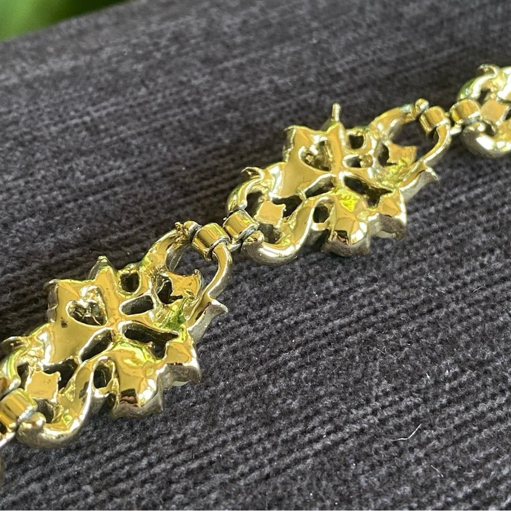 Ornate Emerald and Faux Pearl Gold Tone Victorian Inspired Bracelet