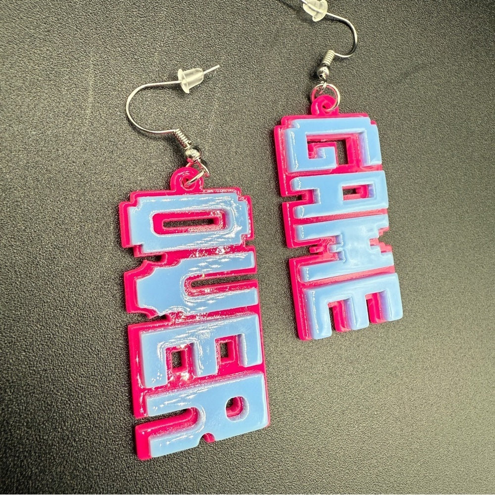 Gamer Girl PC 'Game Over' Acrylic Neon Pink and Blue Earrings - Pierced
