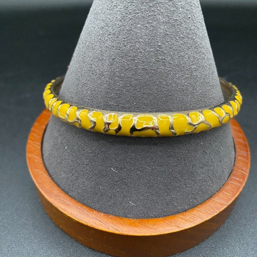 Yellow Enamel and Gold Stacking Bangle Bracelet with Geometric Print