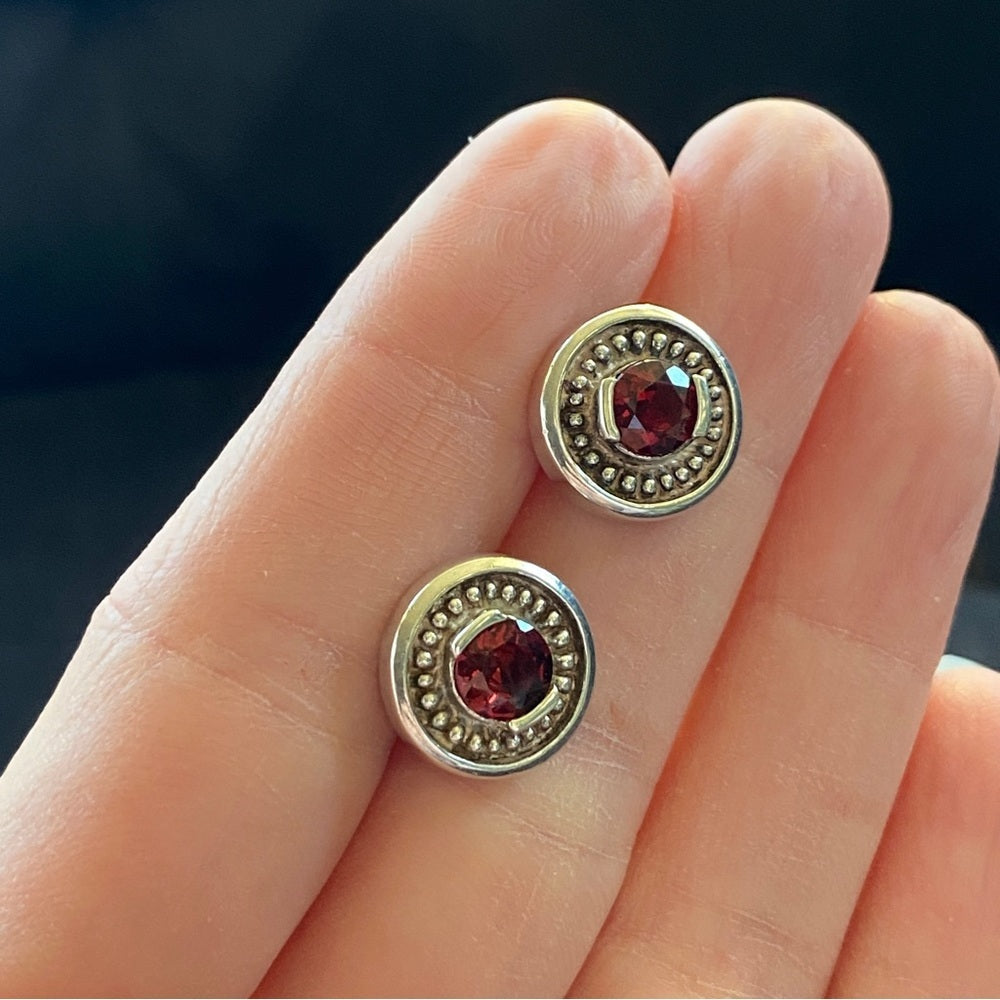 Vintage Garnet Stud Earrings set in Silver Marked 925