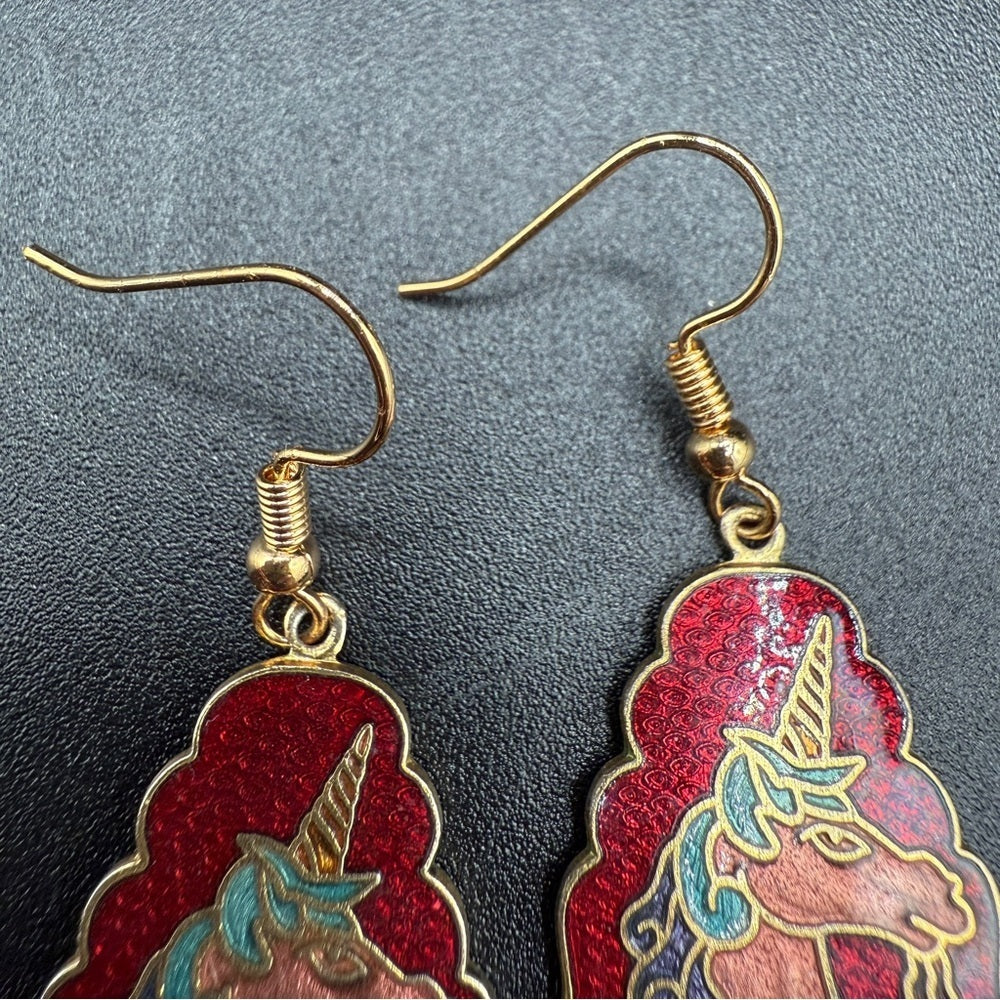 Rare Cloisonné Unicorn Dangle Earrings — Red, Gold & Blue Enamel