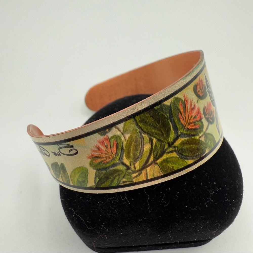 Sue Coleman Copper Cuff Bracelet with Hummingbird Floral Design