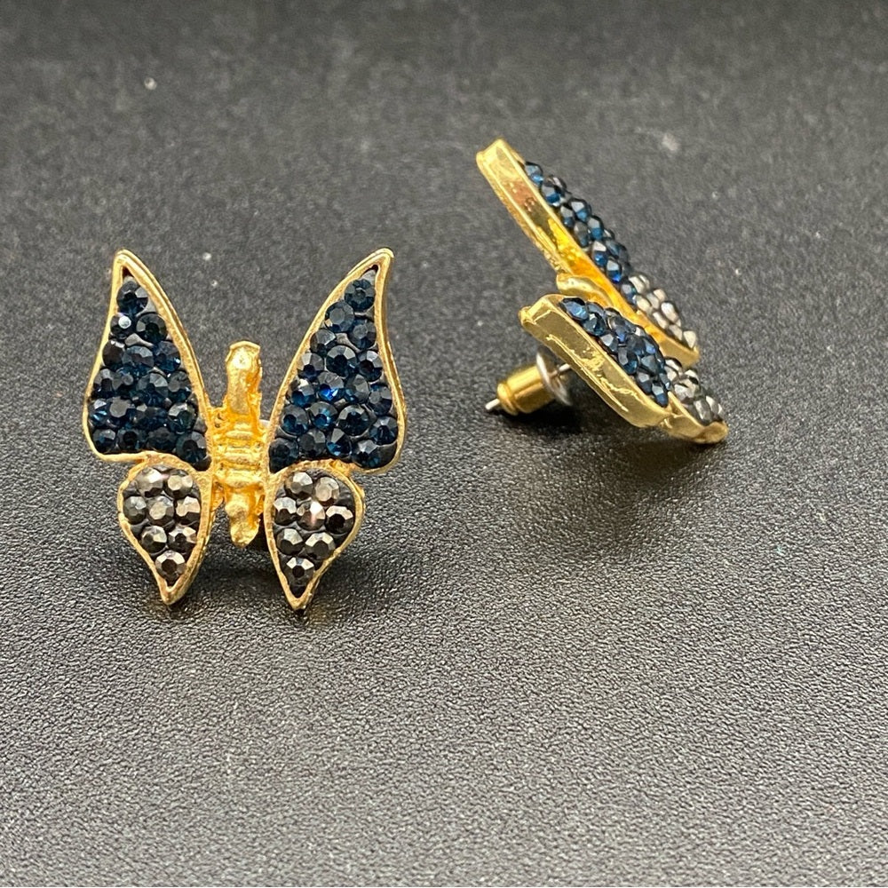 Pave Black and Gunmetal Grey Butterfly Pierced Gold Earrings