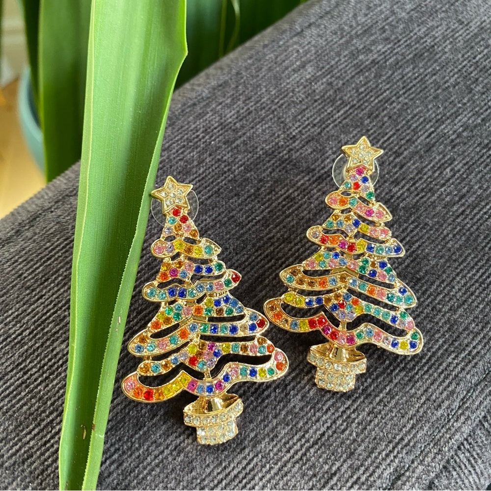 Glittery Crystal Studded Christmas Tree Earrings Pierced