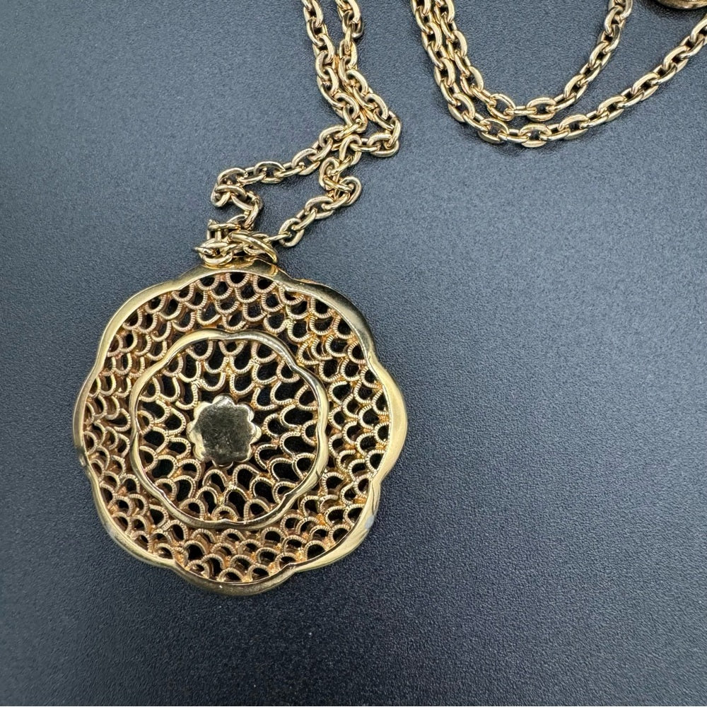 Vintage Multilayer Egyptian Revival Necklace with Intricate Gold Tone Filigree Pendant