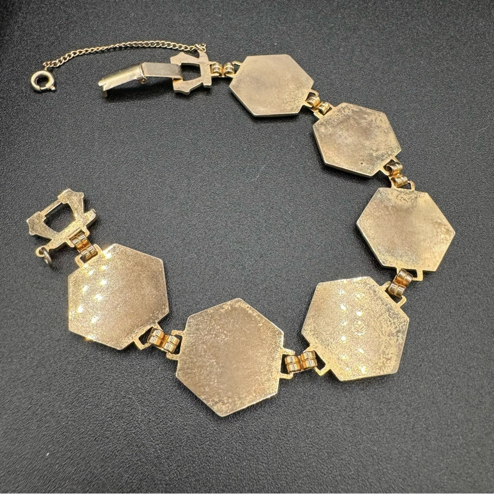 Mother of Pearl Gold Tone Hexagonal Art Deco Bracelet with Safety