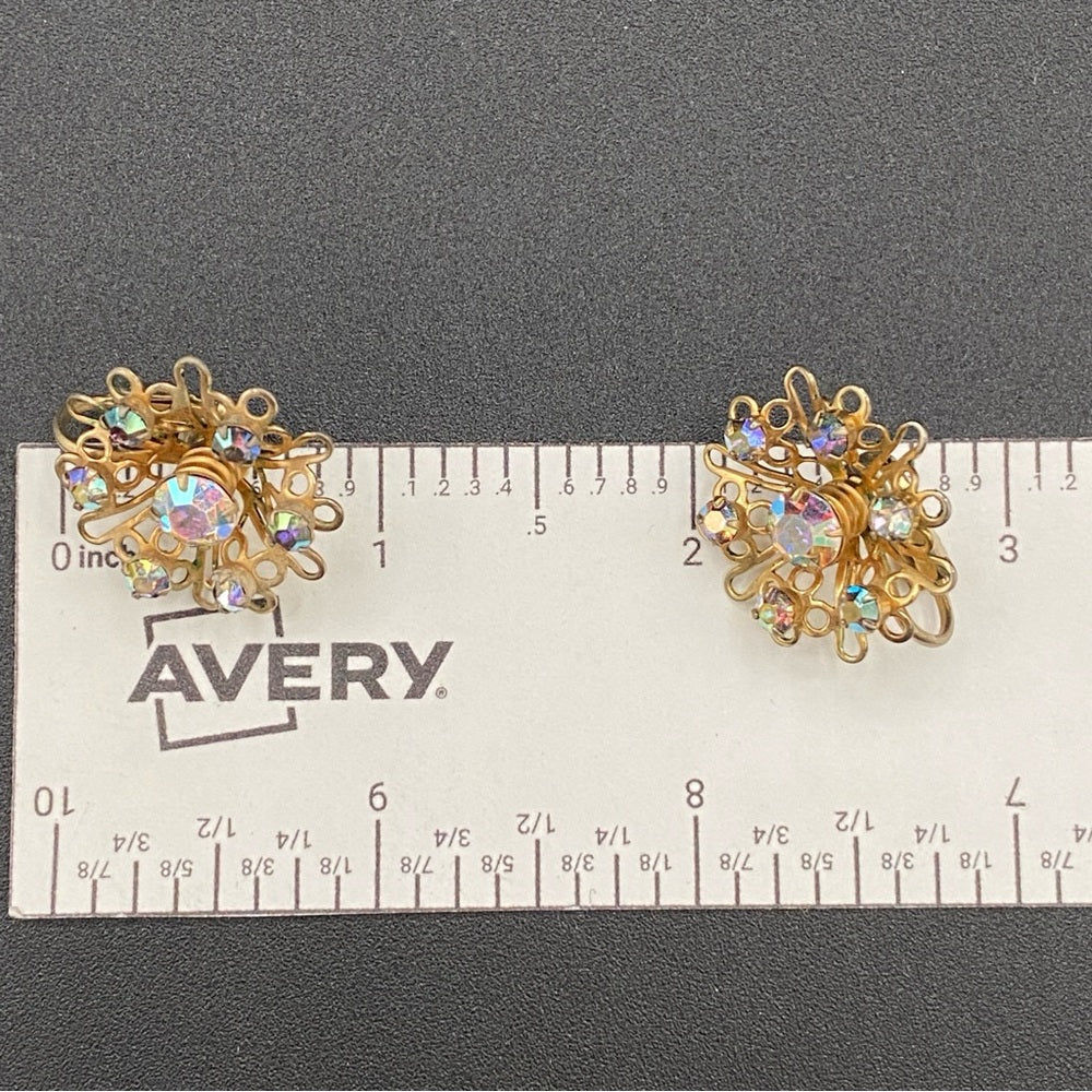 1950s Aurora Borealis Rhinestone Starburst Flower Clip On Earrings