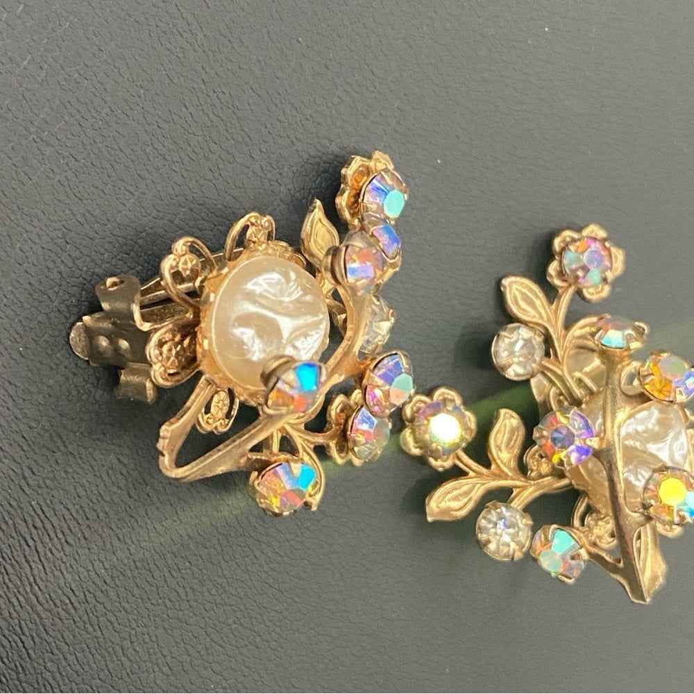 Gorgeous Baroque Style AB Crystal and Faux Pearl Vintage Clip On Earrings