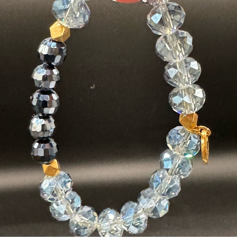 Faceted Blue Grey Crystal Stacking Bracelet with Gold Accents