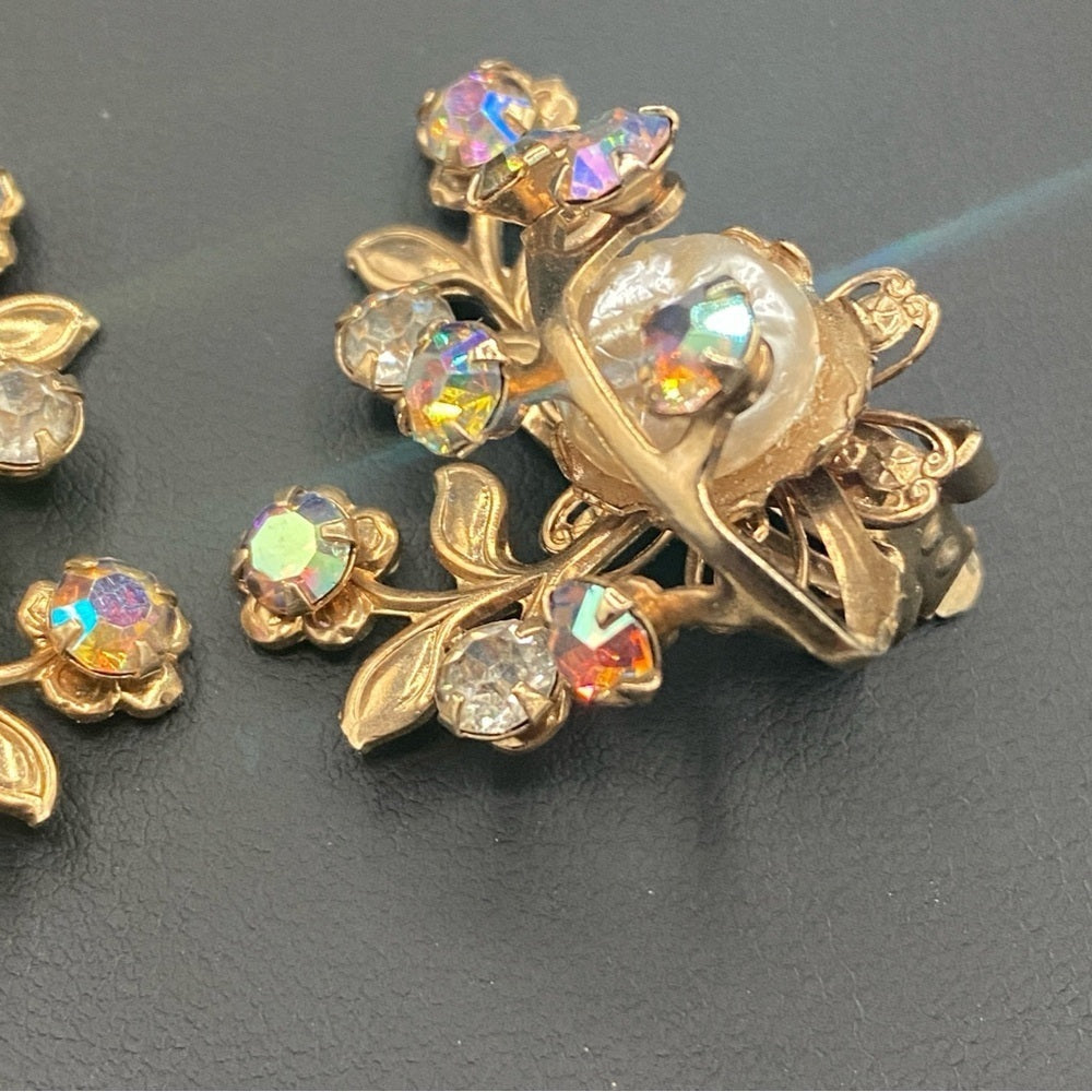 Gorgeous Baroque Style AB Crystal and Faux Pearl Vintage Clip On Earrings