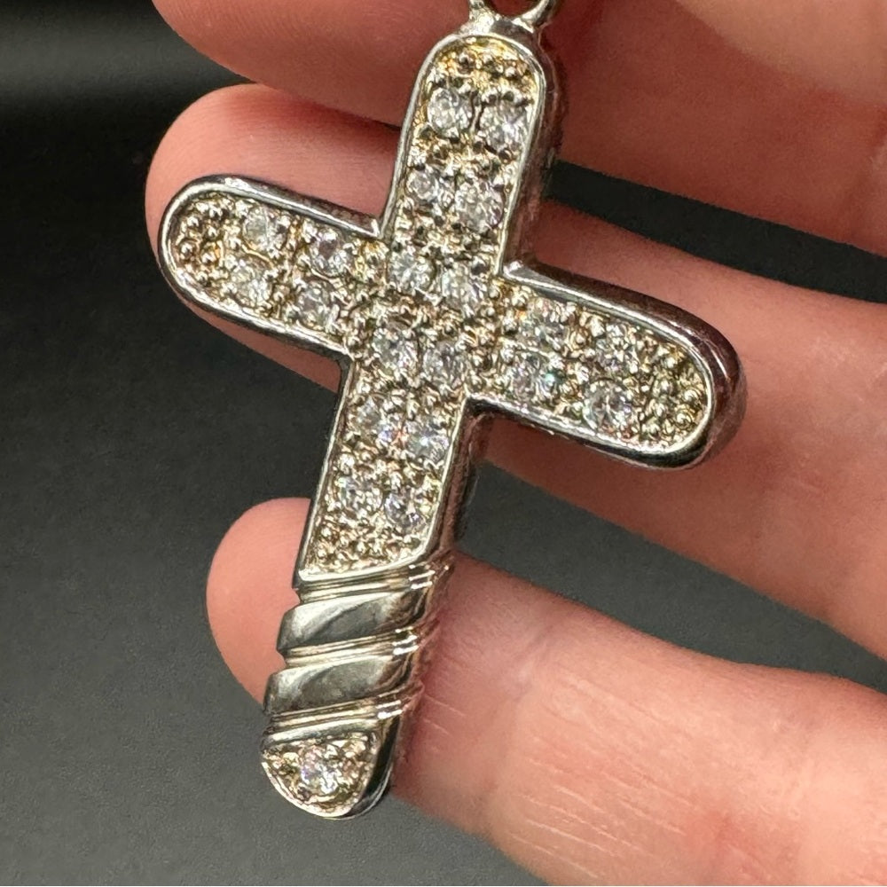 Vintage Silver 925 Cross Pendant with Studded CZ Rhinestones